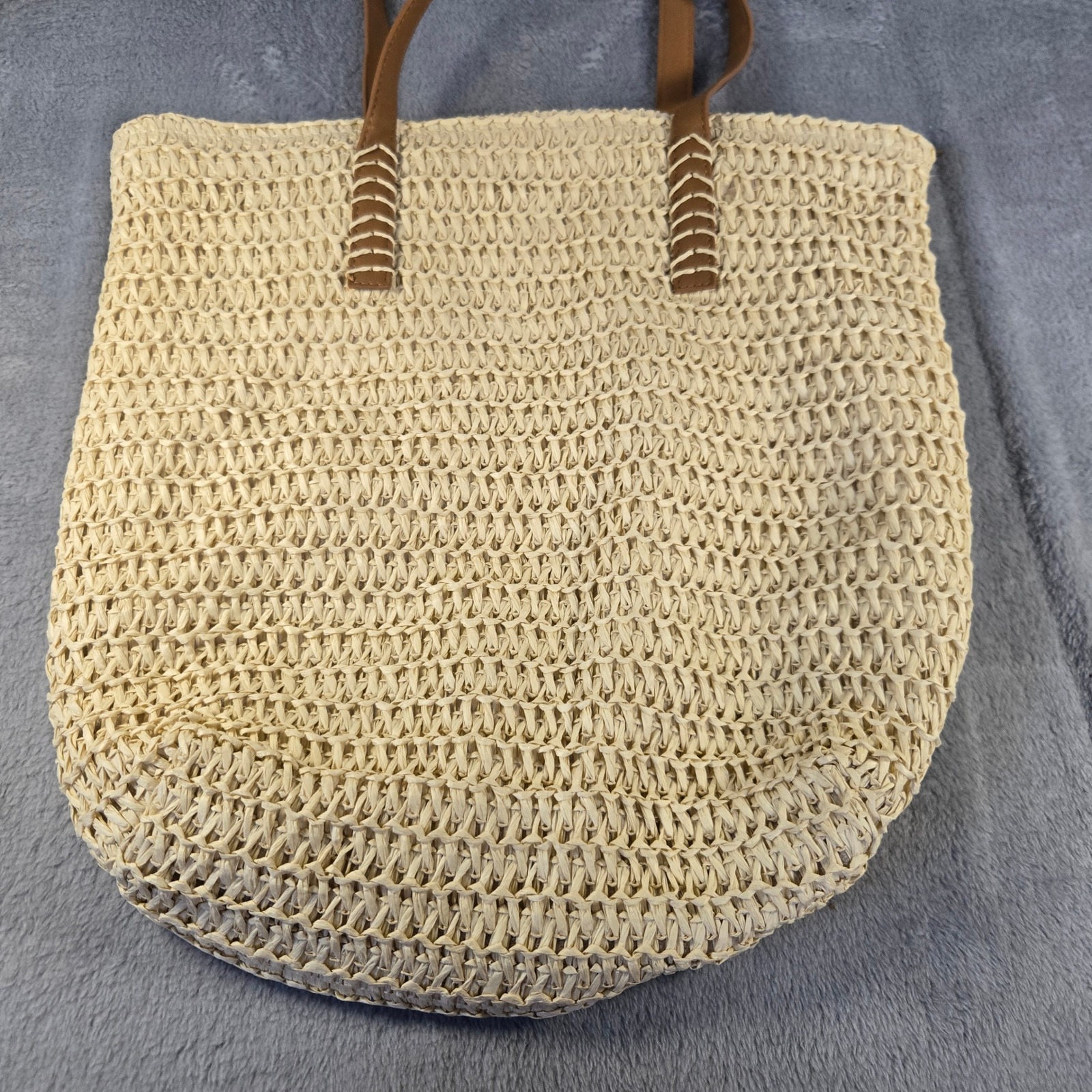 Woven Straw Tote Bag Cream Beach Shoulder Bag Whipstitch Straps Zip Closure
